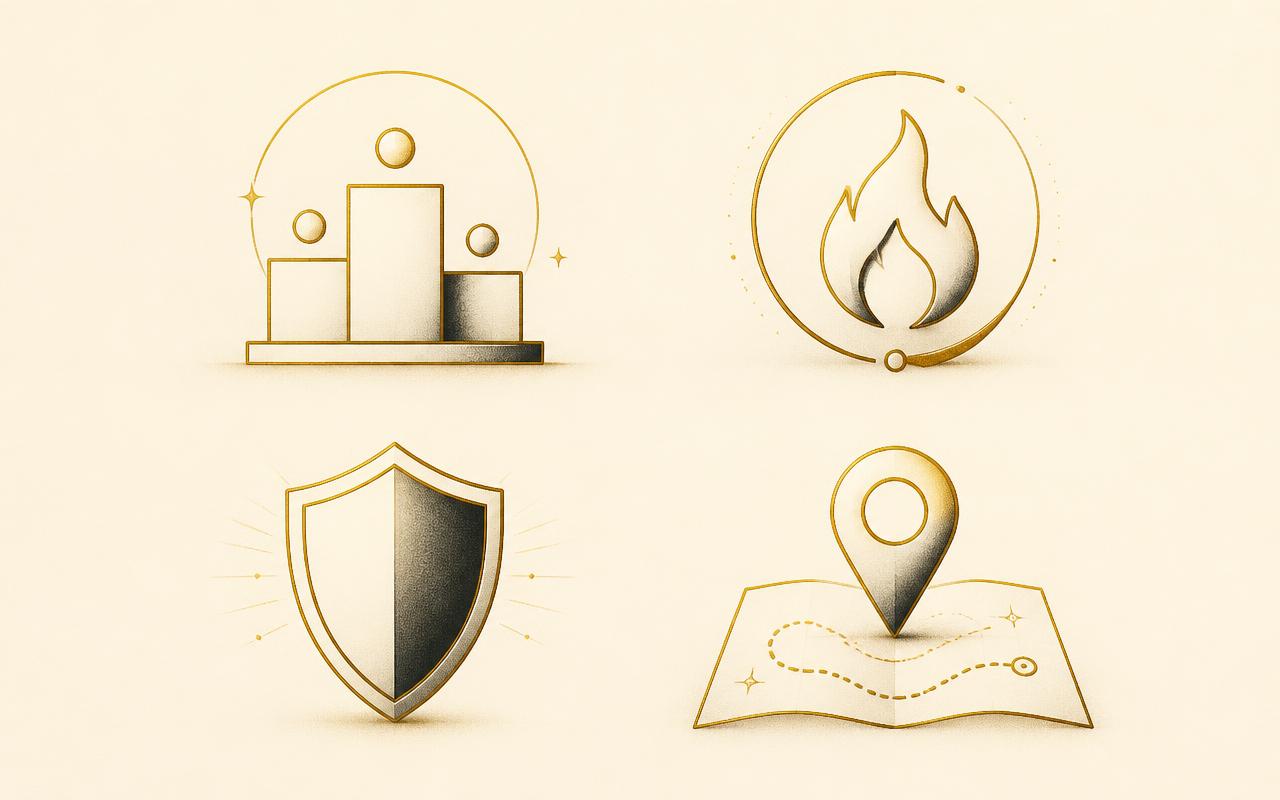 Leaderboard, streak, badge and quest icons