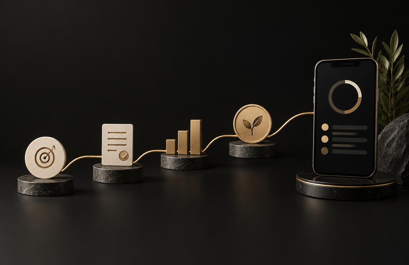 A sequence of gold and ivory progress markers leading to a mobile fintech interface