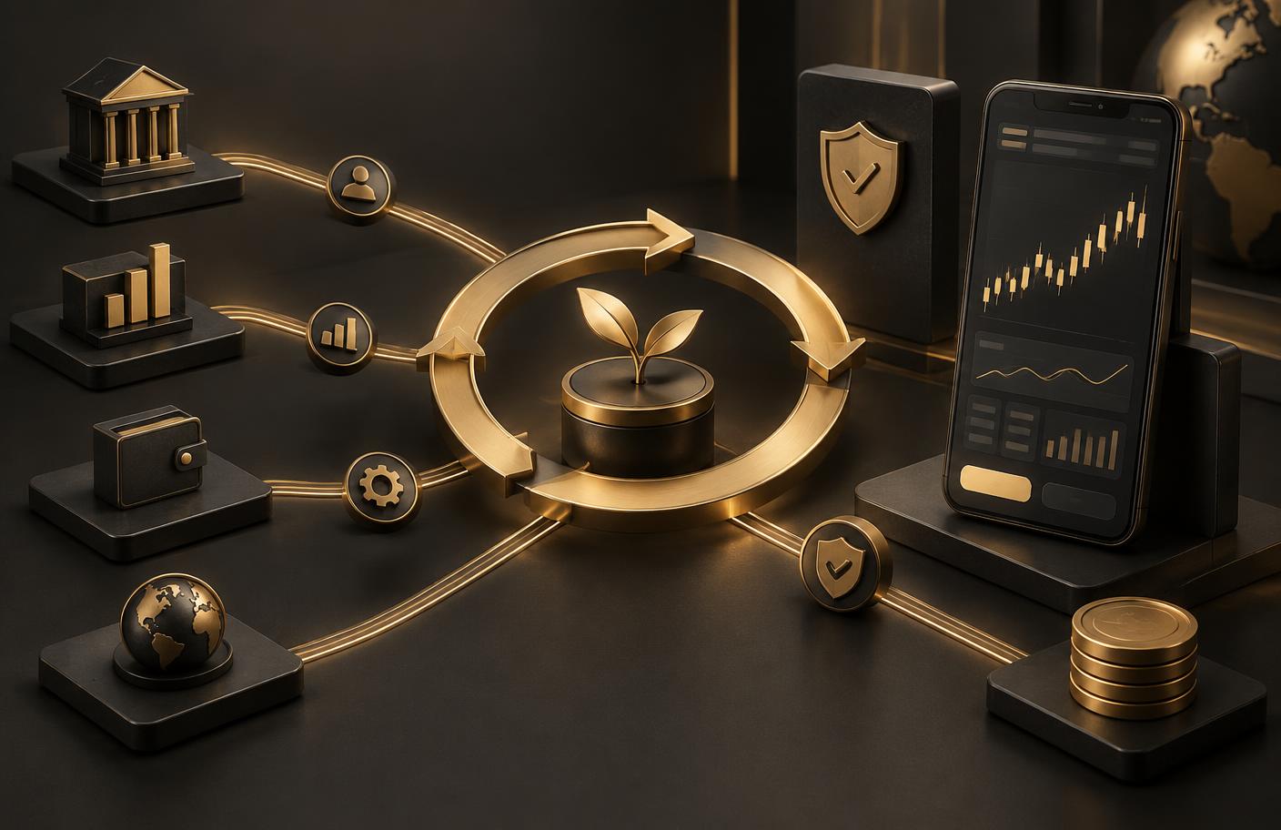 A gold retention loop connecting a fintech product, progress markers and client checkpoints